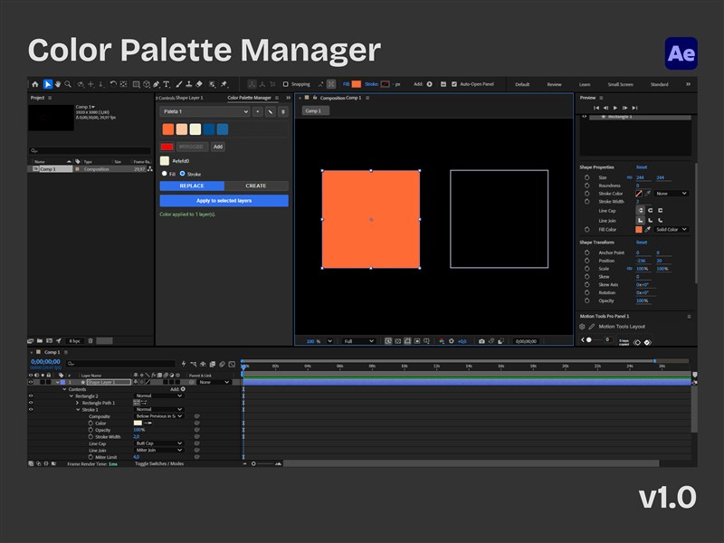 Painel do Color Palette Manager aberto no After Effects, com paletas de cor nomeadas e swatches