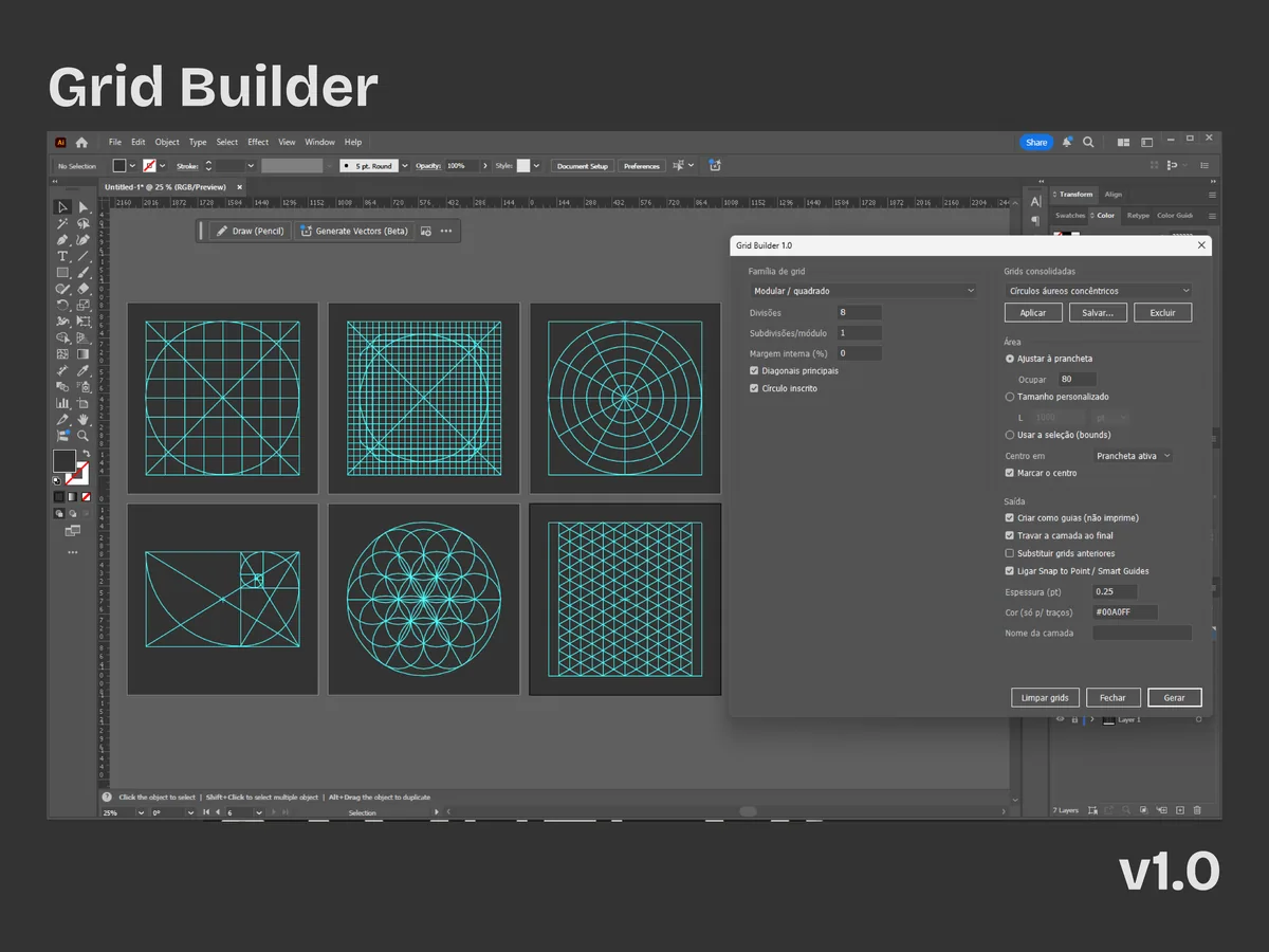 Painel do Grid Builder aberto no Illustrator, com grids modular, radial, áurea e flor da vida na prancheta